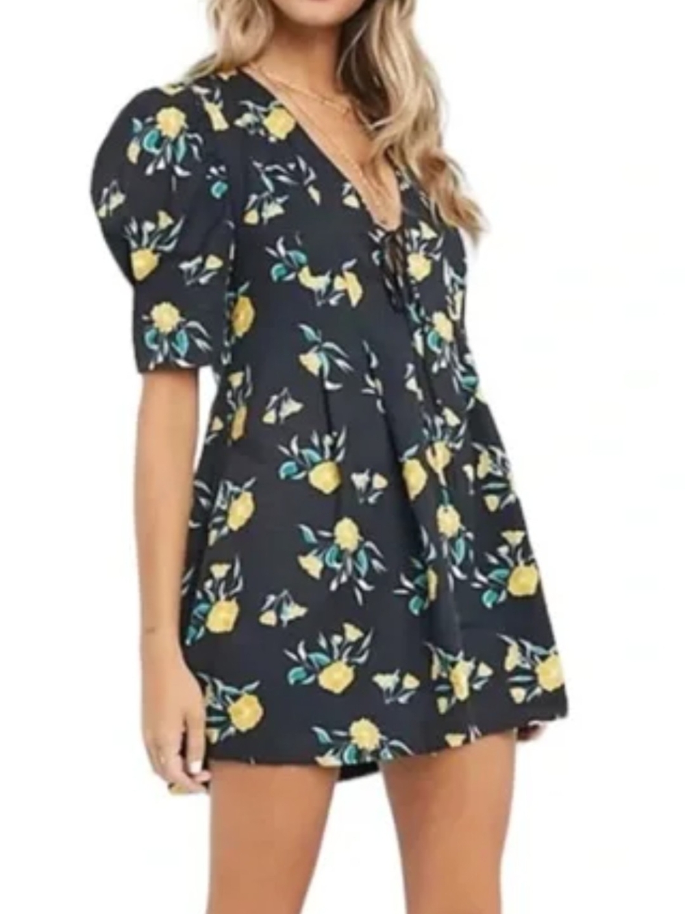 FREE PEOPLE Adelle Navy yellow floral puff sleeve mini dress
